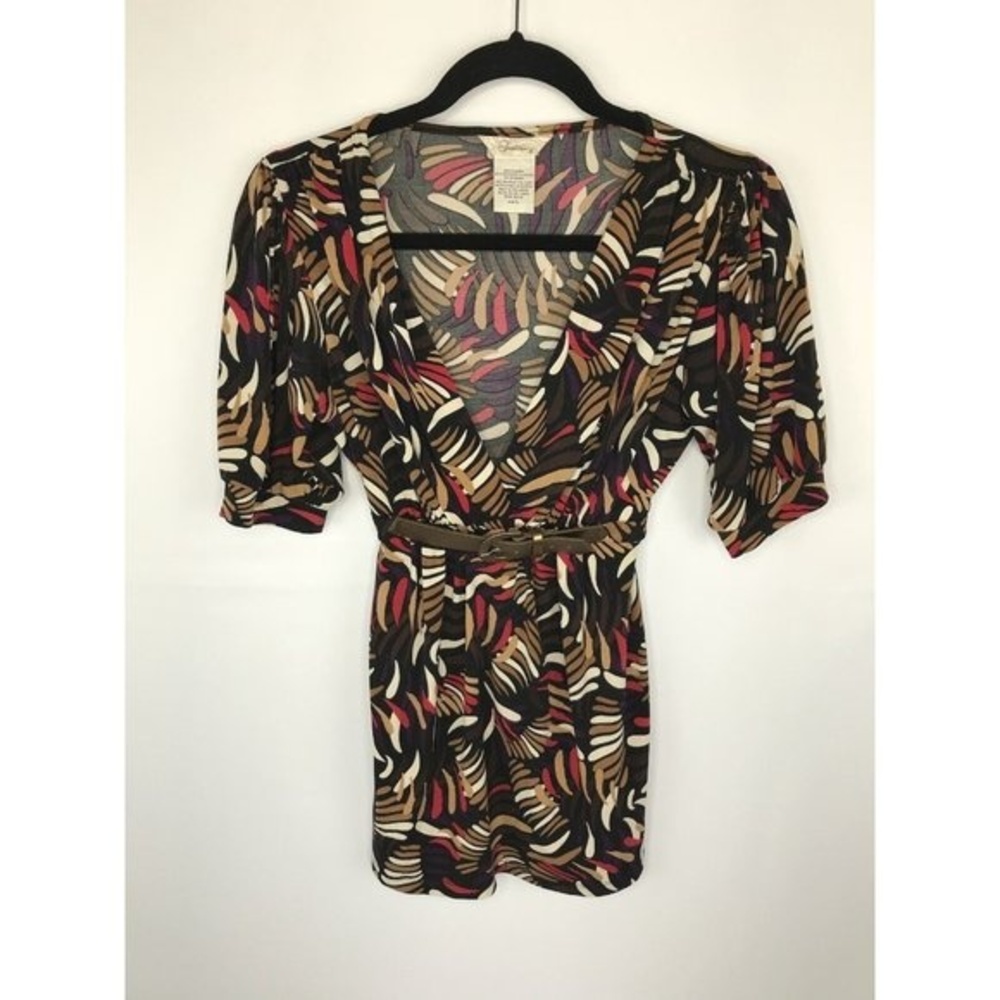 Speechless Large Belted Blouse Black Brown V-Neck Top Geo Print Puff Sleeve Boho